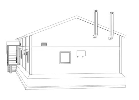 Wire-frame industrial building on the white background. 3d illustration. Wire-frame style