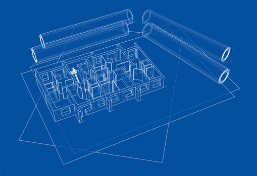 Drawings with floor model. 3d illustration. Wire-frame style. Blue background