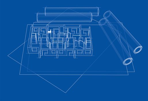 Drawings with floor model. 3d illustration. Wire-frame style. Blue background