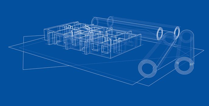 Drawings with floor model. 3d illustration. Wire-frame style. Blue background