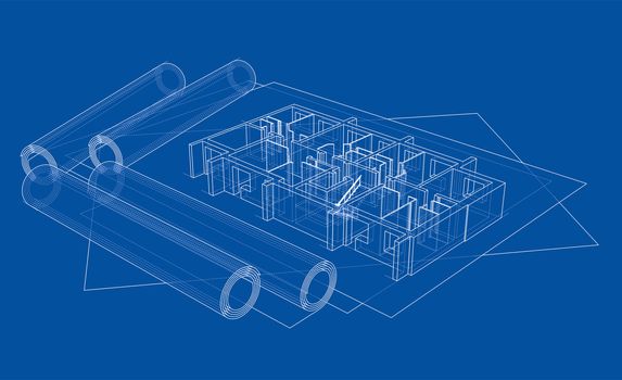 Drawings with floor model. 3d illustration. Wire-frame style. Blue background