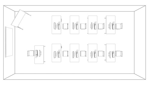 Computer class with tables and computers. Top view. 3d illustration