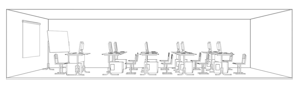 Computer class with tables and computers. 3d illustration