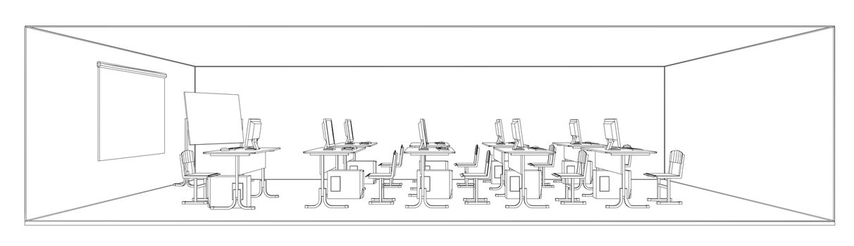 Computer class with tables and computers. 3d illustration