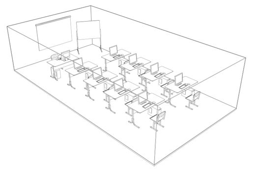 Computer class with tables and computers. 3d illustration