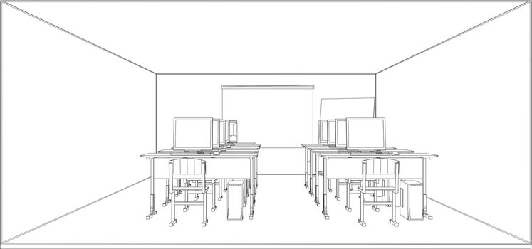 Computer class with tables and computers. 3d illustration