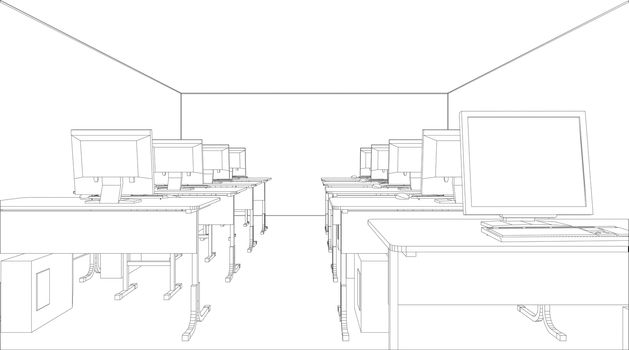 Computer class with tables and computers. 3d illustration