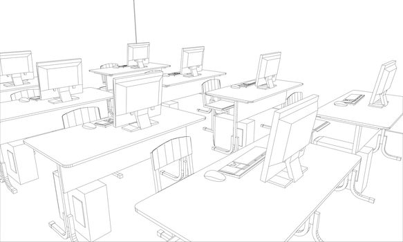 Computer class with tables and computers. 3d illustration