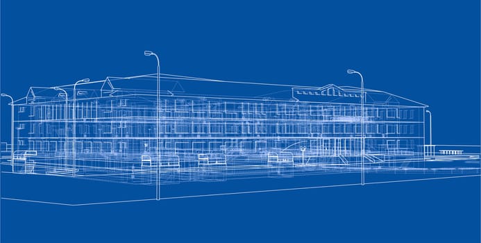 Abstract building on blue background. 3d illustration. Wire-frame style