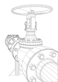 Wire-frame industrial valves. 3d rendering on white background