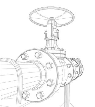 Wire-frame industrial valves. 3d rendering on white background