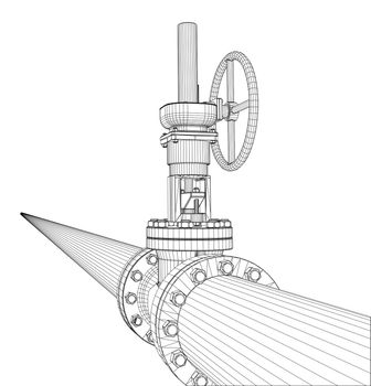 Industrial valve. Detailed 3d illustration on white background. Wire-frame style
