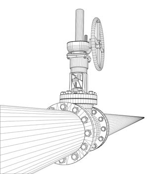 Industrial valve. Detailed 3d illustration on white background. Wire-frame style