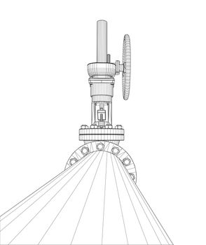 Industrial valve. Detailed 3d illustration on white background. Wire-frame style