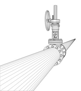 Industrial valve. Detailed 3d illustration on white background. Wire-frame style