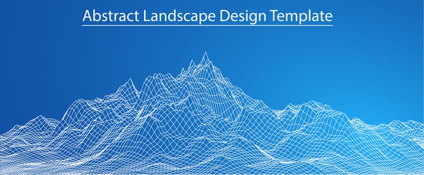 3D Wireframe Landscape. Blue Gradient Background. 3d illustration