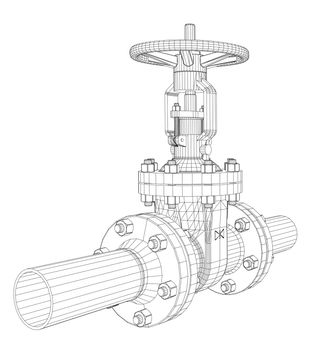 Industrial valve. Detailed 3d illustration on white background. Wire-frame style