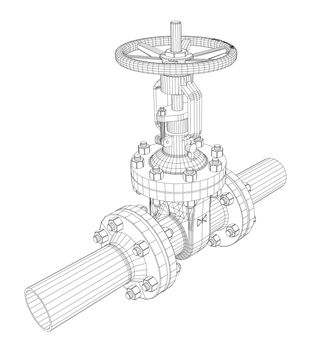 Industrial valve. Detailed 3d illustration on white background. Wire-frame style