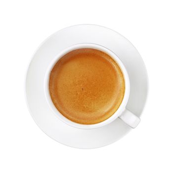 Close up one full white cup of espresso coffee on saucer isolated on white background, elevated top view, directly above