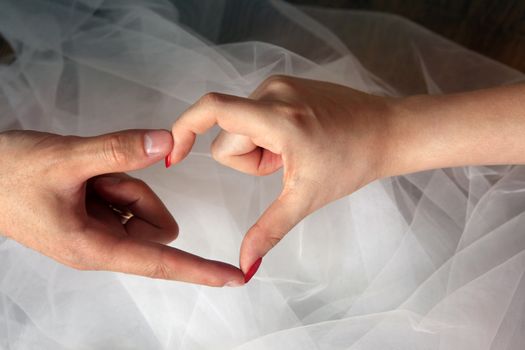 The bride and groom make a heart out of the fingers