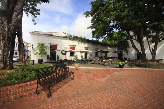 Santo Domingo, Dominican Republic - January 4, 2018 : People enjoy at a street side cafe in the Zona Colonial or historical district of Santo Domingo.