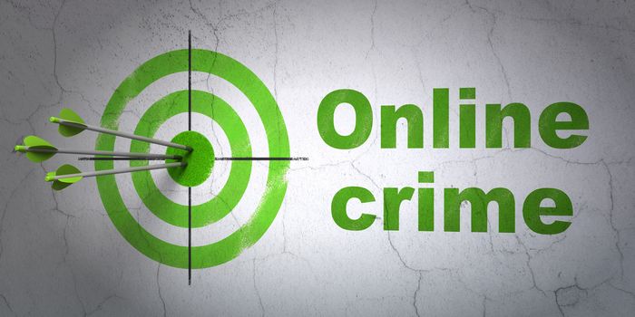 Success safety concept: arrows hitting the center of target, Green Online Crime on wall background, 3D rendering