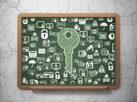 Safety concept: Chalk Green Key icon on School board background with  Hand Drawn Security Icons, 3D Rendering
