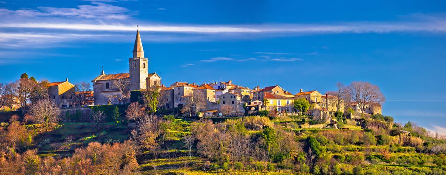 Idyllic hill village of Groznjan panoramic view, landscape and architecture of Istria, Croatia