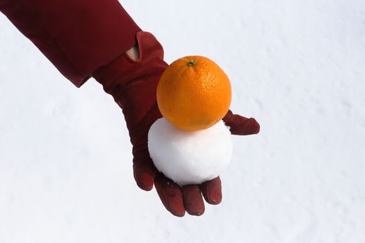 women's hands in gloves. keep snow and orange. white background, winter.