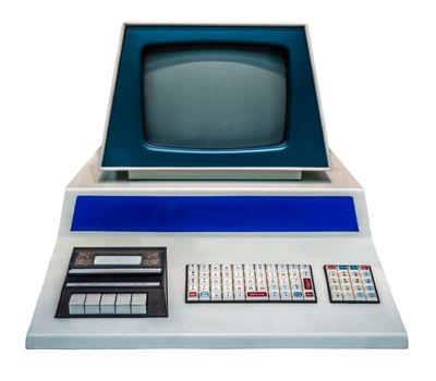 Retro Vintage Personal Computer (PC) With Keyboard, Monitor And Audio Cassette Desk