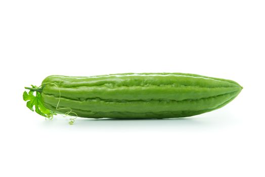 Green bitter gourd isolated on white with leaves