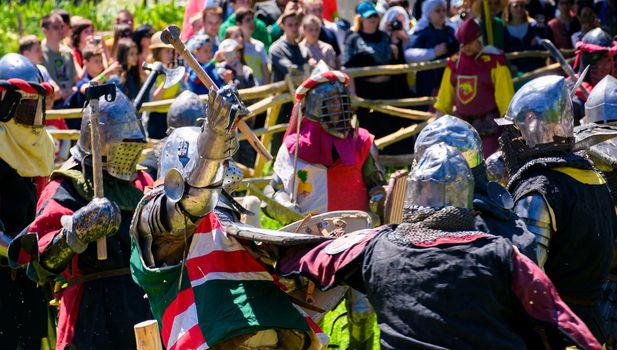 Chynadiyovo, Ukraine - May 27, 2017: medieval culture festival Silver Tatosh. Location St. Miklos Castle. Knight participants show their skills in fighting