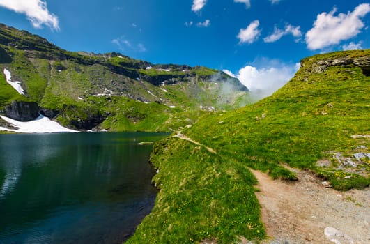 shore of a glacier among the grassy slopes. beautiful mountainous scenery in summertime