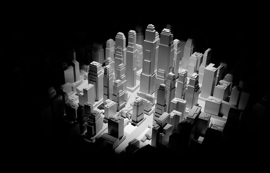 The middle of the 3d city is illuminated by a spotlight and around it is dark. 3d illustration. The concept of urban life and construction