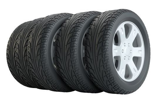 Car tires in row, isolated on white background. 3d illustration