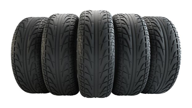 Car tires in row, isolated on white background. 3d illustration