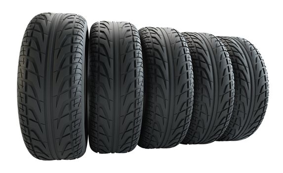 Car tires in row, isolated on white background. 3d illustration