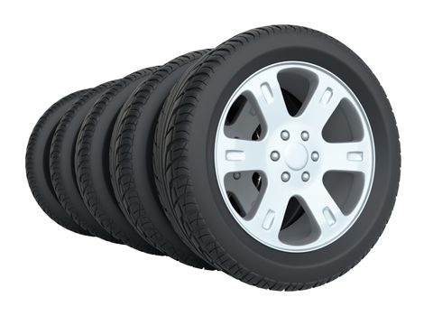 Car tires in row, isolated on white background. 3d illustration