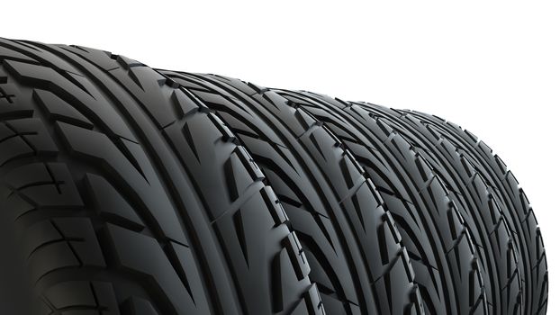 Car tires in row, isolated on white background. 3d illustration. Close-up image