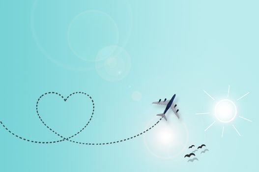 Miniature plane with heart shape trail on sky paper background with illustration of sun, clouds and birds 