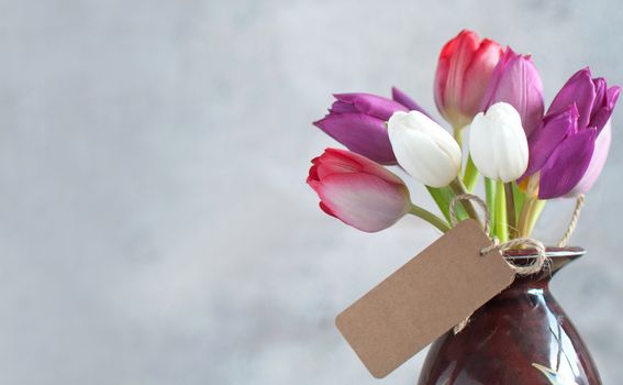 Closeup of gift label attached to selection of tulip flowers in a pot