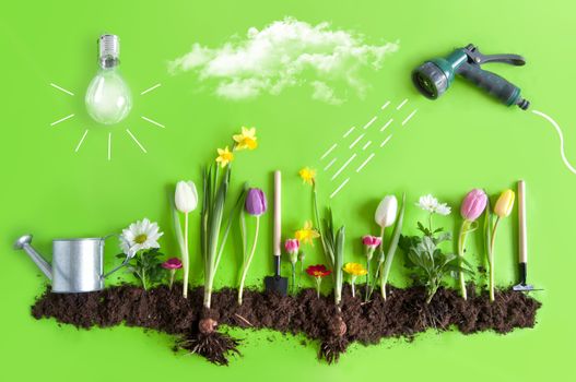 Spring flower bed garden with clouds, light bulb as the sun, and hose pipe with a sketch of water being sprayed 
