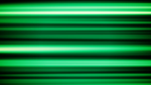 A volumetric 3d rendering of horizontal green and white lines shining joyfully in the black background in a defocused variant. The sparkling tubes spin around cheery.
