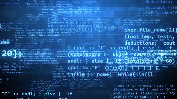 An advanced 3d illustration of a coding program with flying blue letters, digits, curly and round brackets, angle quotes and other symbols in the black backdrop. 