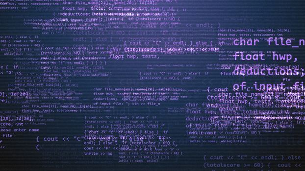 A multidimensional 3d illustration of a coding program with light violet texts, formulas, digits, pluses, minuses, equals, and other puzzling signs in the black background. 