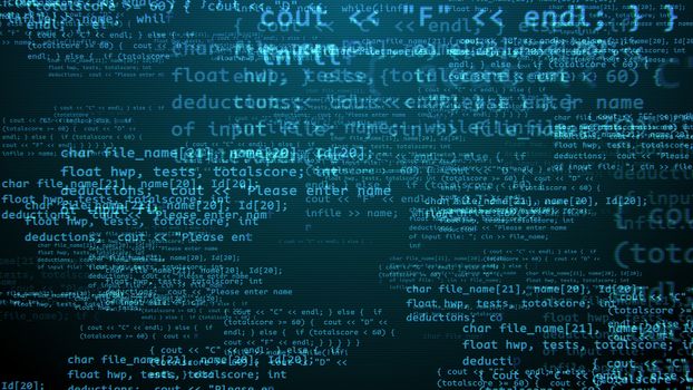 A matrix style 3d illustration of a cutting edge crypto coding program with puzzling blue texts, formulas, digits, tildes, asterisks, and other symbols in the black background. 