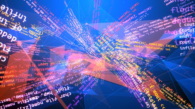 A portal looking 3d illustration of a circular coding program twisted like a distorted set of triangular red surfaces with texts imposed on each other in the blue background. 