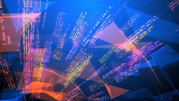 A sci-fi 3d illustration of a solar looking coding program with formulas aimed like sunny rays in different directions with pink and white digits in the light blue backdrop. 