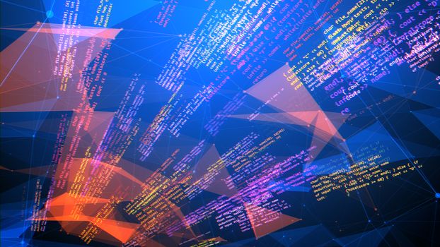 A trailblazing 3d illustration of a semicircular coding program with texts aimed like sunny beams in various directions with pink and white numbers in the light blue backdrop