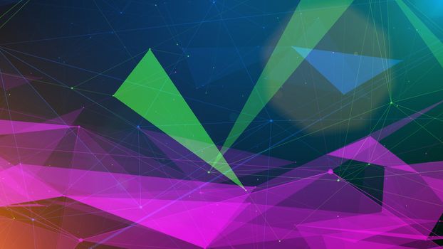 A modern art 3d illustration of green and violet surfaces covered with triangular, rectangular and hexagon transparent structures shining futuristically in the dark blue backdrop.